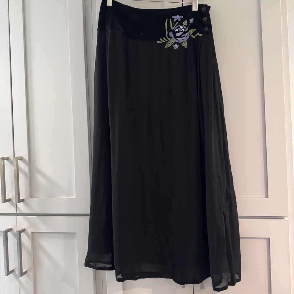 VTG April Cornell Black Midi Skirt Velvet Waist Embroidered Small Whimsygoth